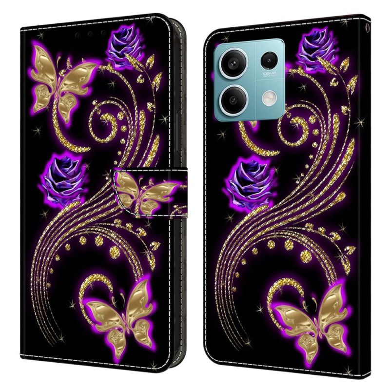 Kožený Kryt Na Xiaomi Redmi Note 13 5g Fialové Květiny A Motýli
