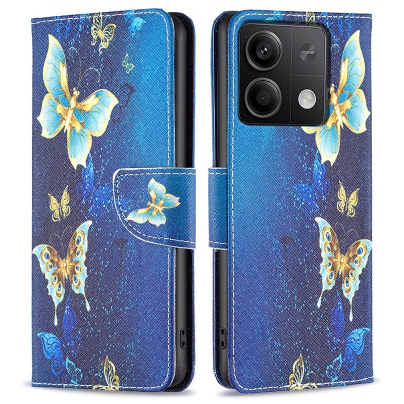 Peněženková Pouzdra Xiaomi Redmi Note 13 5g Zlatí Motýli Na Modrém Pozadí