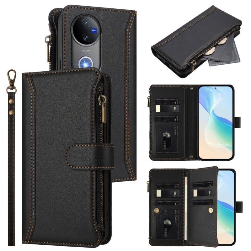 Kožený Kryt Na Vivo V50 5g 9 Přihrádek Na Karty A Poutko Na Zápěstí