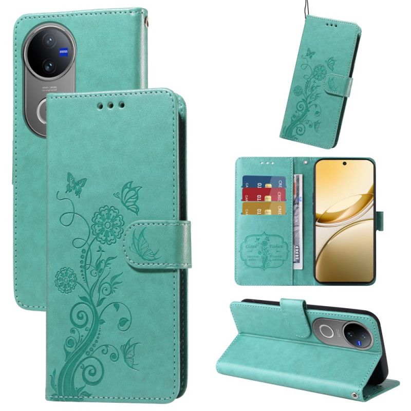 Kožený Kryt Vivo V50 5g Květinový Vzor Motýlů