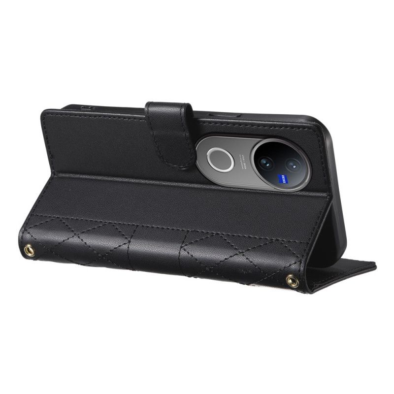 Peněženková Pouzdra Vivo V50 5g Kryty Na Mobil Prošívané S Popruhem A Ramenním Popruhem