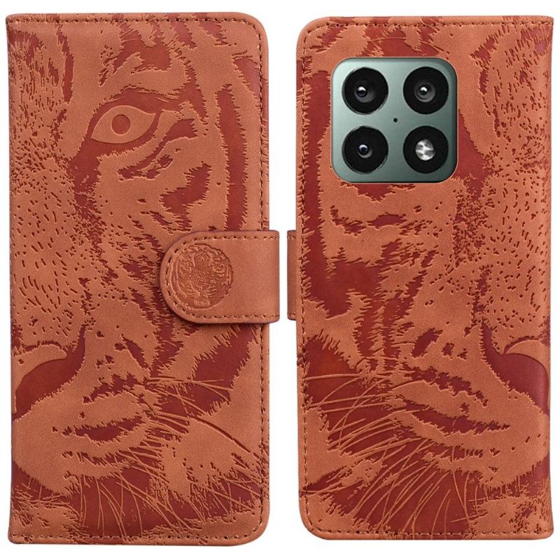 Kožené Pouzdro Folio Na OnePlus 10 Pro Reliéfní Tygr