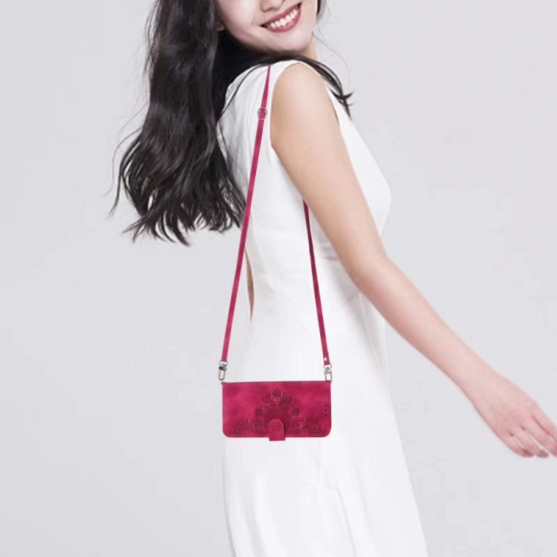 Kožený Kryt Realme C75 Semišový Krajkový Efekt S Popruhem A Ramenním Popruhem