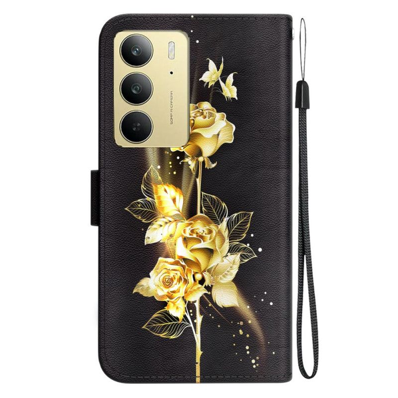 Kožený Kryt Realme C75 Zlatí A Růžoví Motýli