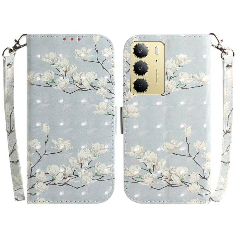 Kožený Kryt Realme C75 Šňůrka Na Krk S Magnóliemi