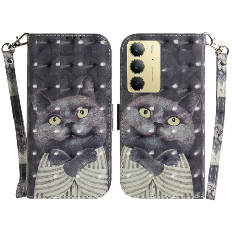 Peněženková Pouzdra Realme C75 Šňůrka Na Krk S Šedou Kočkou