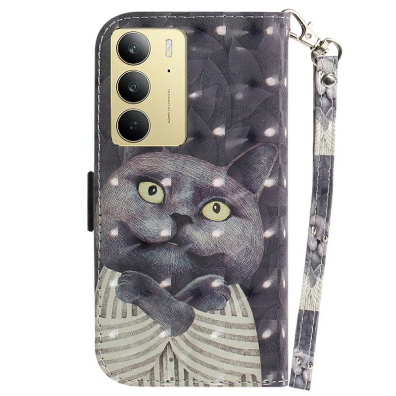 Peněženková Pouzdra Realme C75 Šňůrka Na Krk S Šedou Kočkou