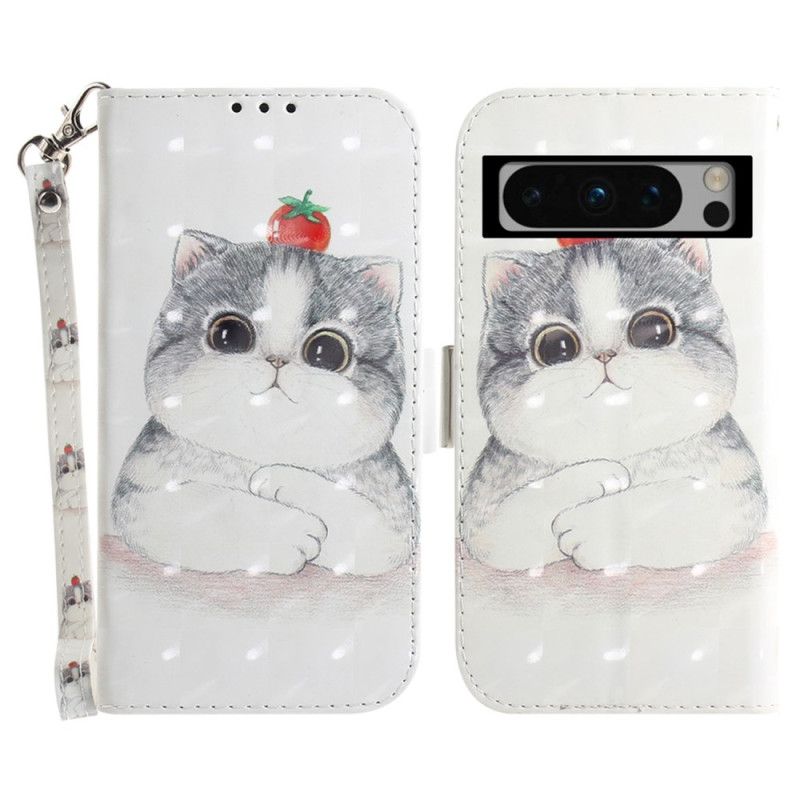 Kožený Kryt Google Pixel 8 Pro Grafická Kočka Se Šňůrkou