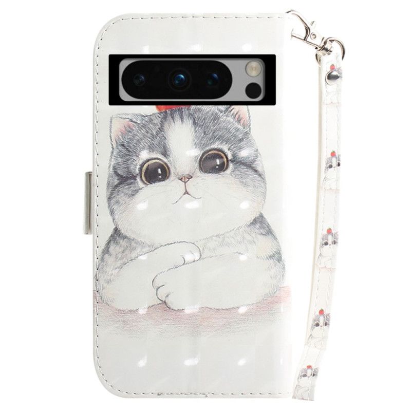 Kožený Kryt Google Pixel 8 Pro Grafická Kočka Se Šňůrkou