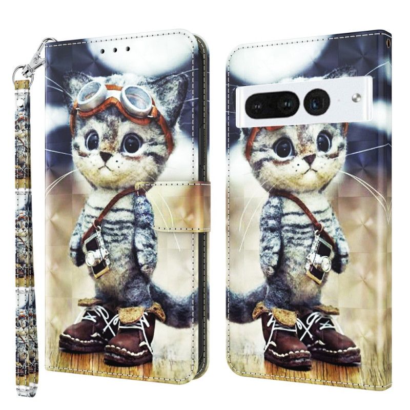 Kožený Kryt Google Pixel 8 Pro Letecká Kočka S Popruhem