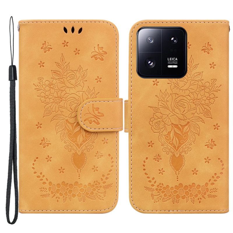 Flipové Pouzdro Na Xiaomi 13 Pro Na Lana Strappy Růže A Motýli