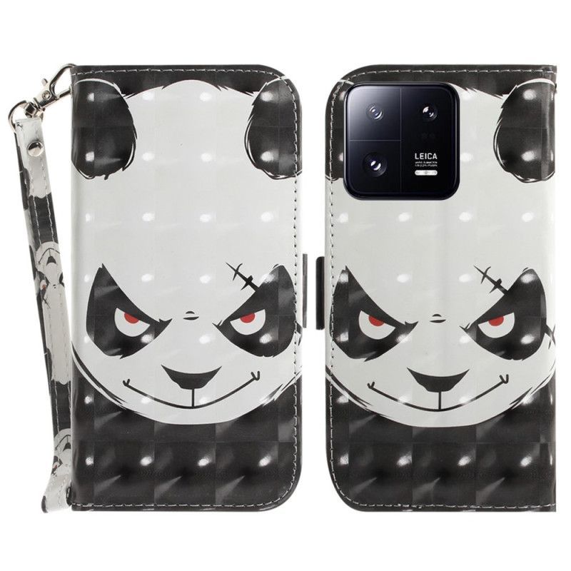 Kožené Pouzdro Na Xiaomi 13 Pro Na Lana Rozzlobená Panda S Lanyardem