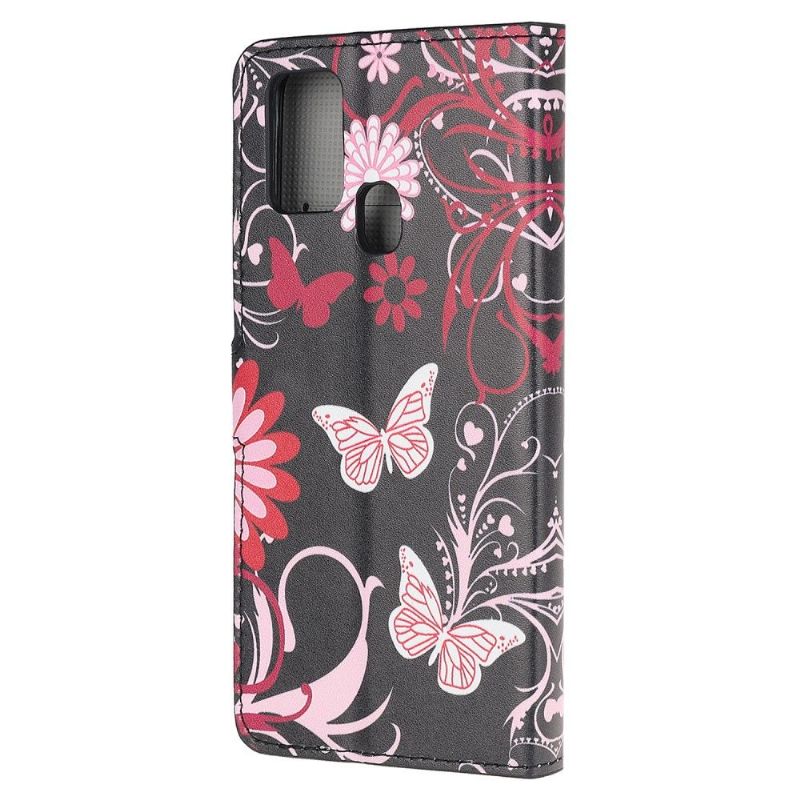 Kožené Pouzdro Na Samsung Galaxy A21s Motýli A Květiny