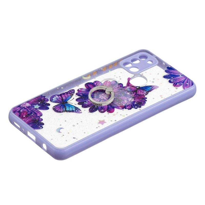Kryty Na Mobil Na Samsung Galaxy A21s Fialové Květiny A Motýli S Prstenem