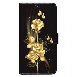 Kožený Kryt Na Oppo Reno 11f 5g Zlatí Motýli A Růže S Popruhem