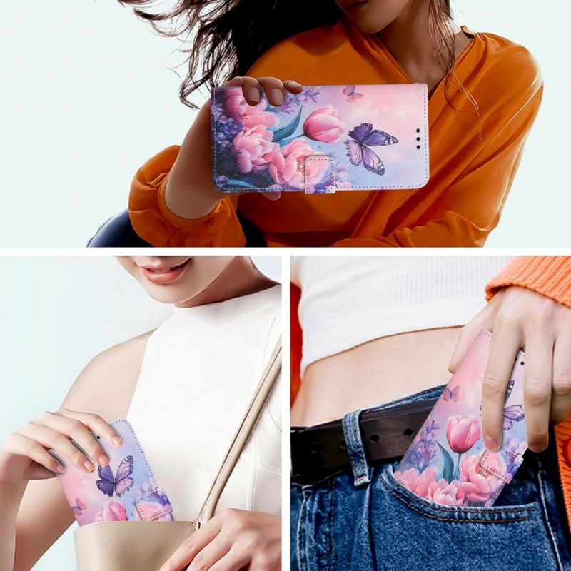 Kožený Kryt Samsung Galaxy S26 Motýl A Růžové Květy