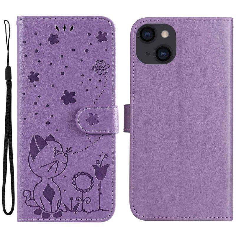 Flipové Pouzdro Na iPhone 14 Plus Na Lana Kočka A Včela Se Šňůrkou