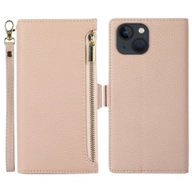Flipové Pouzdro Na iPhone 14 Plus Na Lana Litchi Kůže S Popruhem A Zipem
