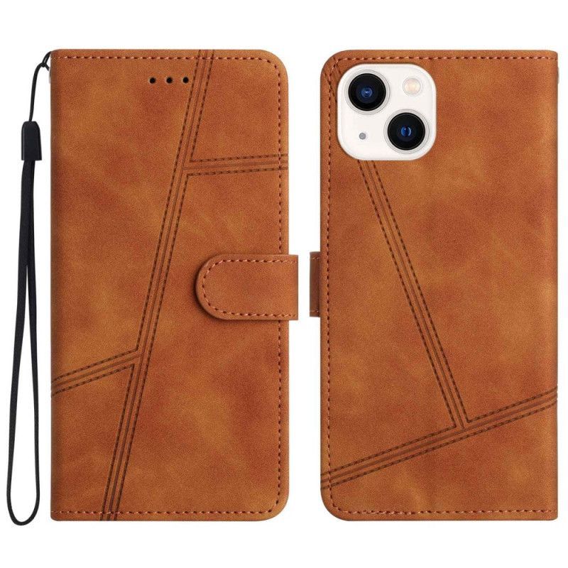 Flipové Pouzdro Na iPhone 14 Plus Na Lana Pásek S Koženým Efektem Geo Stitching