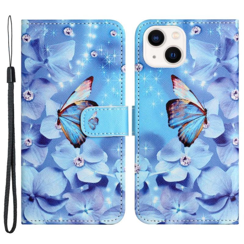 Flipové Pouzdro Na iPhone 14 Plus Na Lana Strappy Diamond Motýli