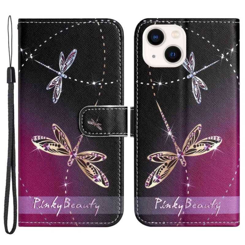 Flipové Pouzdro Na iPhone 14 Plus Na Lana Strappy Vážky