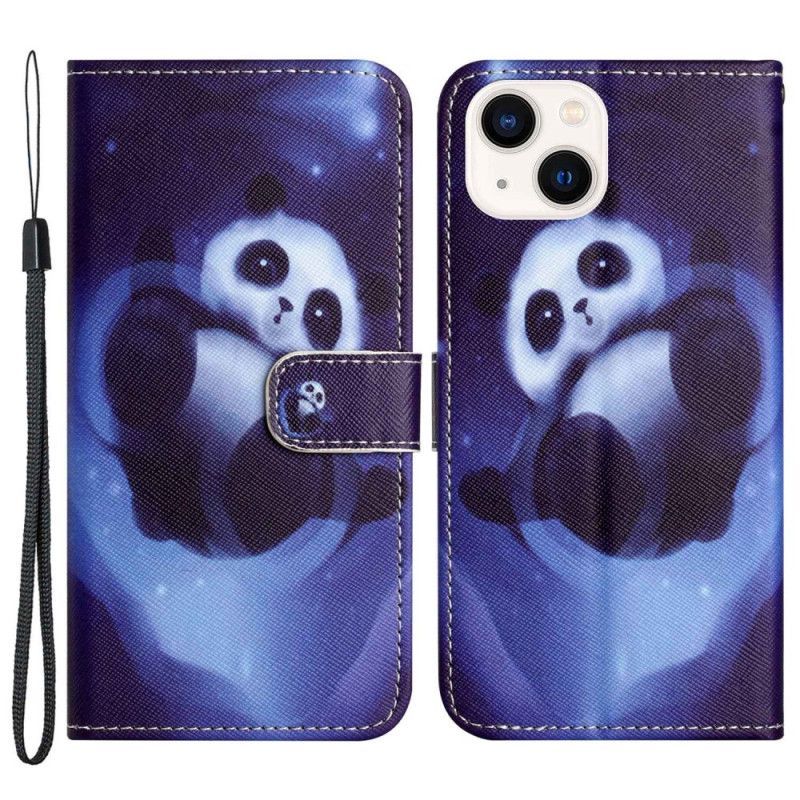 Kožené Pouzdro Na iPhone 14 Plus Na Lana Panda Ve Vesmíru S Lanyardem