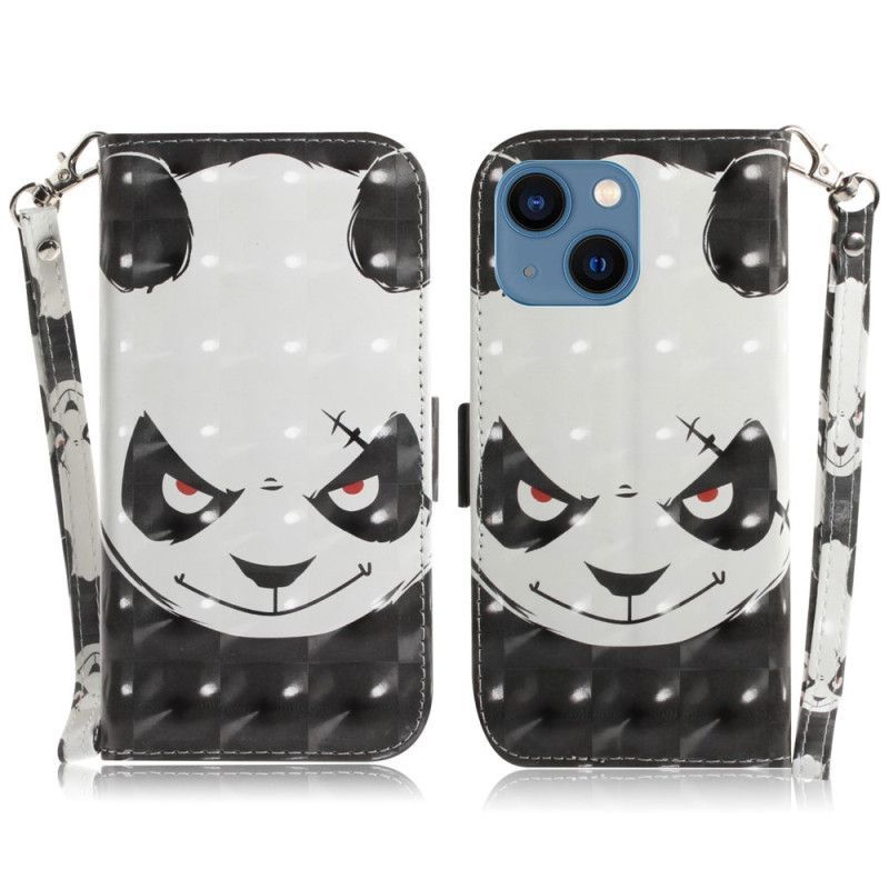 Kožené Pouzdro Na iPhone 14 Plus Na Lana Rozzlobená Panda S Lanyardem