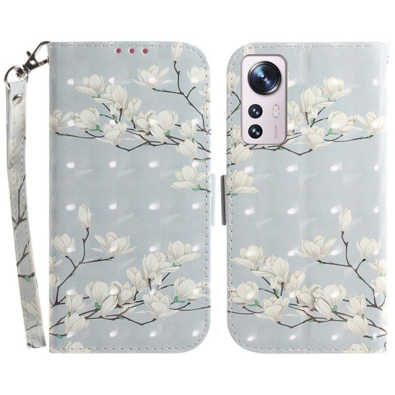 Flipové Pouzdro Na Xiaomi 12 / 12X Na Lana Strappy Bílé Květy