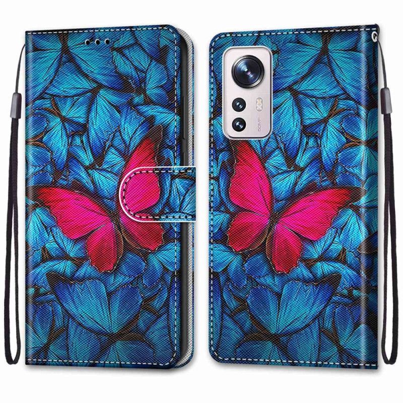 Flipové Pouzdro Na Xiaomi 12 / 12X Na Lana Červený Motýl S Popruhem