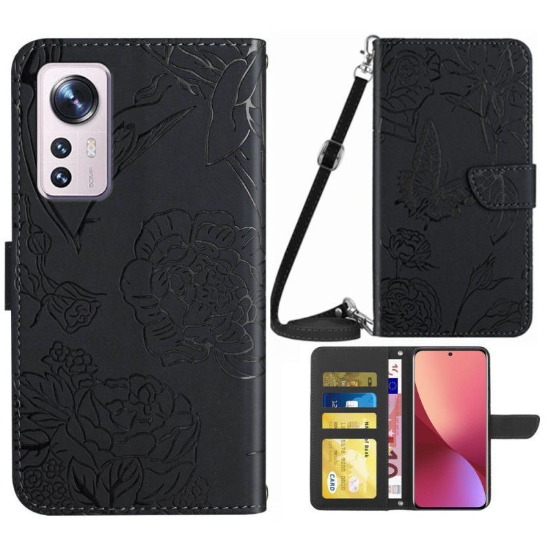 Flipové Pouzdro Na Xiaomi 12 / 12X Motýli A Popruh Přes Rameno