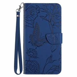 Kožený Kryt Na Xiaomi Redmi Note 14 Pro 5g Potisk Motýlů S Páskem