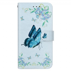 Kožený Kryt Na Xiaomi 14 Modrý Motýl A Květiny