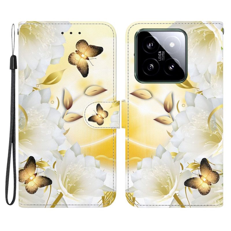Kožený Kryt Na Xiaomi 14 Zlatí Motýli A Bílé Květy S Popruhem