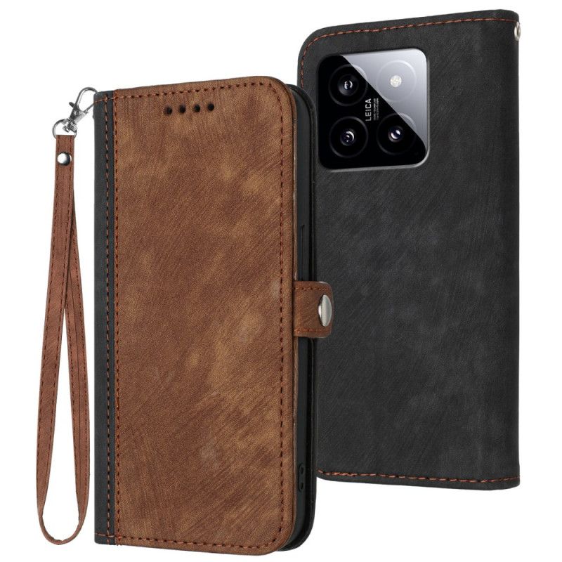 Kožený Kryt Xiaomi 14 Dvoubarevný Odnímatelný Popruh