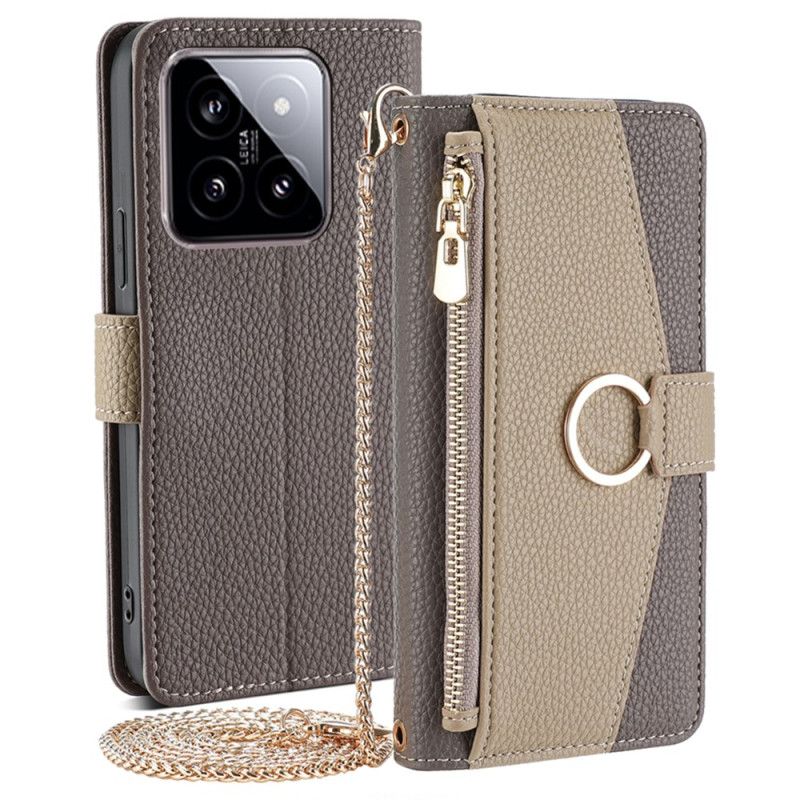 Kožený Kryt Xiaomi 14 Dvoubarevný Řetízkový Ramenní Popruh