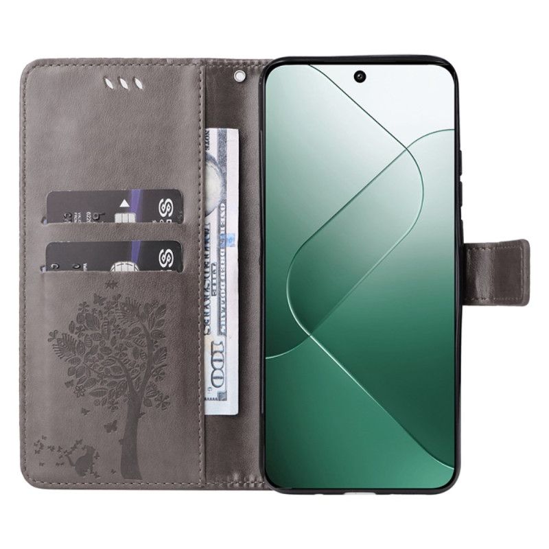 Kožený Kryt Xiaomi 14 Strom Kočky A Lanka