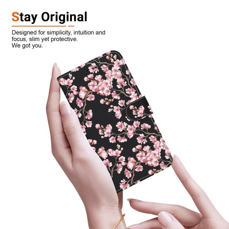 Kožený Kryt Xiaomi 14 Švestkové Květy S Řemínky