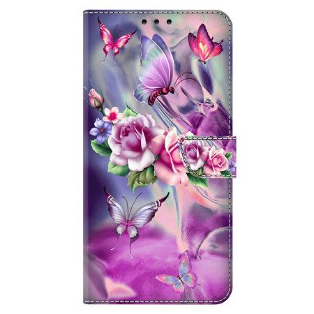 Peněženková Pouzdra Xiaomi 14 Fialoví Motýli A Květiny