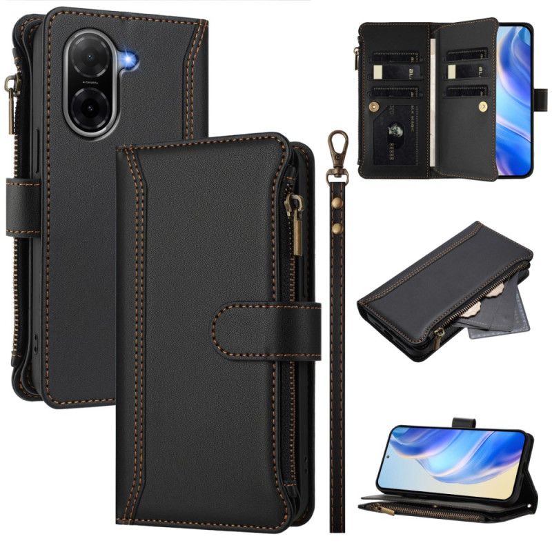 Kožený Kryt Poco C71 Peněženka S 9 Přihrádkami Na Karty A Šňůrkou Na Krk