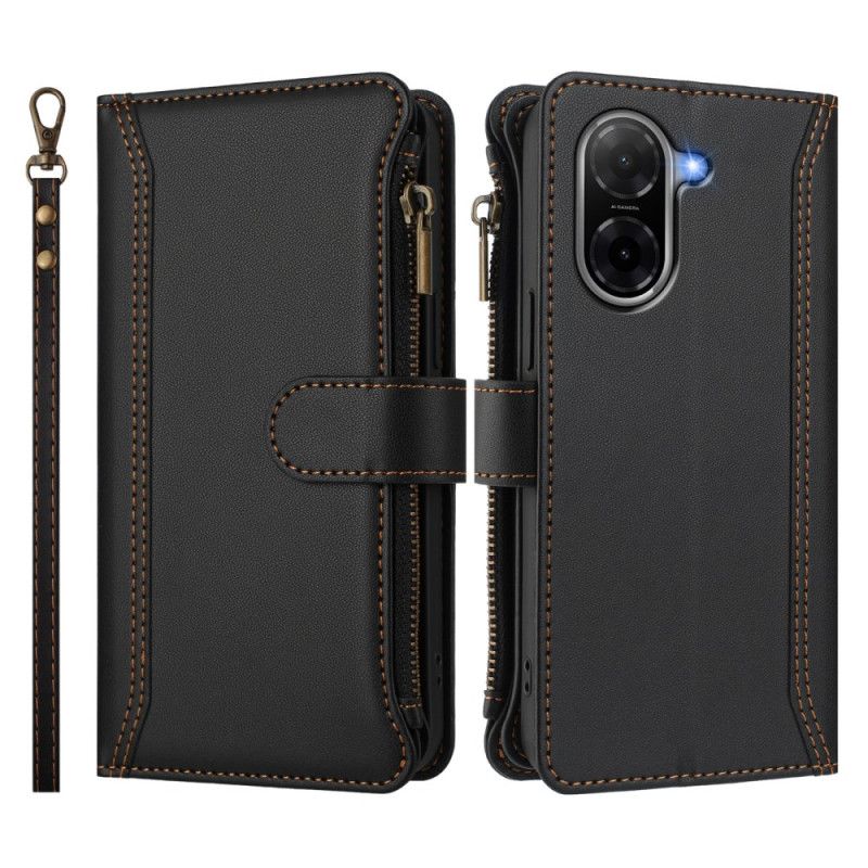 Kožený Kryt Poco C71 Peněženka S 9 Přihrádkami Na Karty A Šňůrkou Na Krk