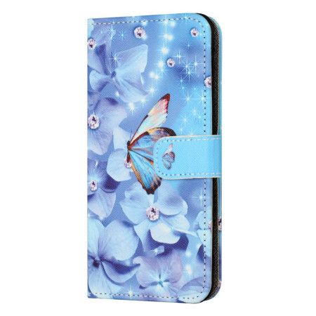 Kožený Kryt Xiaomi Redmi Note 13 Pro 5g Modré Květiny A Motýl S Popruhem