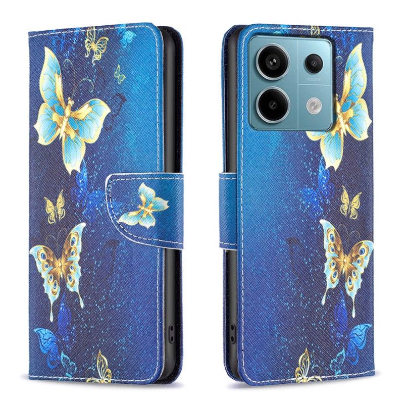 Kožený Kryt Xiaomi Redmi Note 13 Pro 5g Zlatí Motýli Na Modrém Pozadí