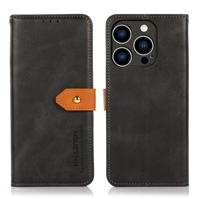 Flipové Pouzdro Na iPhone 14 Pro Dvoubarevná Zlatá Spona Khazneh