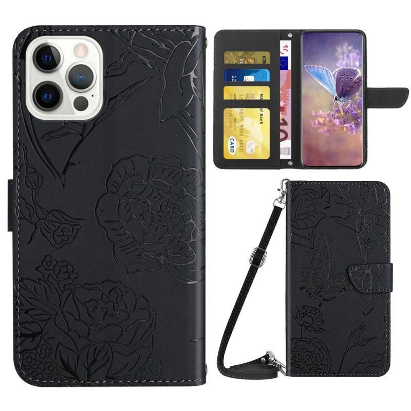 Kožené Pouzdro Na iPhone 14 Pro Motýli A Popruh Přes Rameno