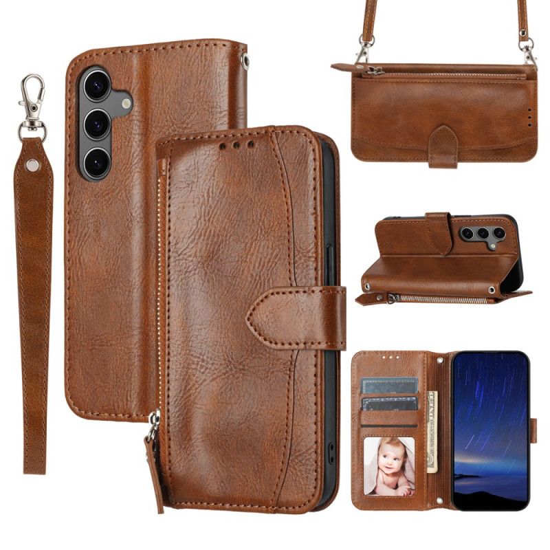 Kožený Kryt Samsung Galaxy S25 5g Kapsa Na Zip Popruh A Ramenní Popruh