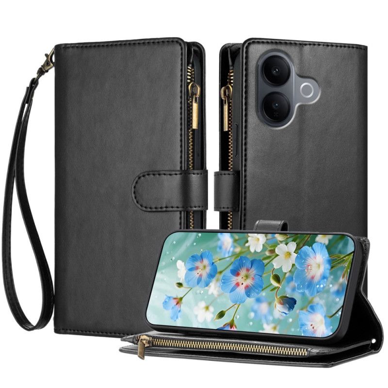 Kožený Kryt Na Vivo V60 Lite Peněženka S 8 Přihrádkami Na Karty A Šňůrkou Na Šňůrku