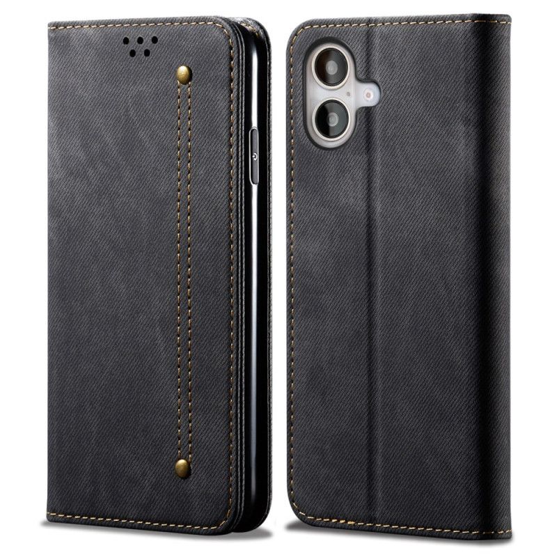 Kožené Pouzdro Folio iPhone 16 Plus Džínová Tkanina