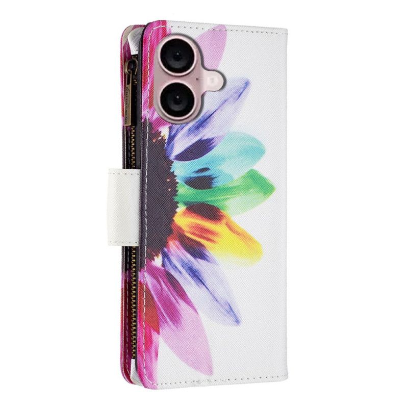 Kožený Kryt iPhone 16 Plus Akvarelová Květinová Peněženka S Popruhem