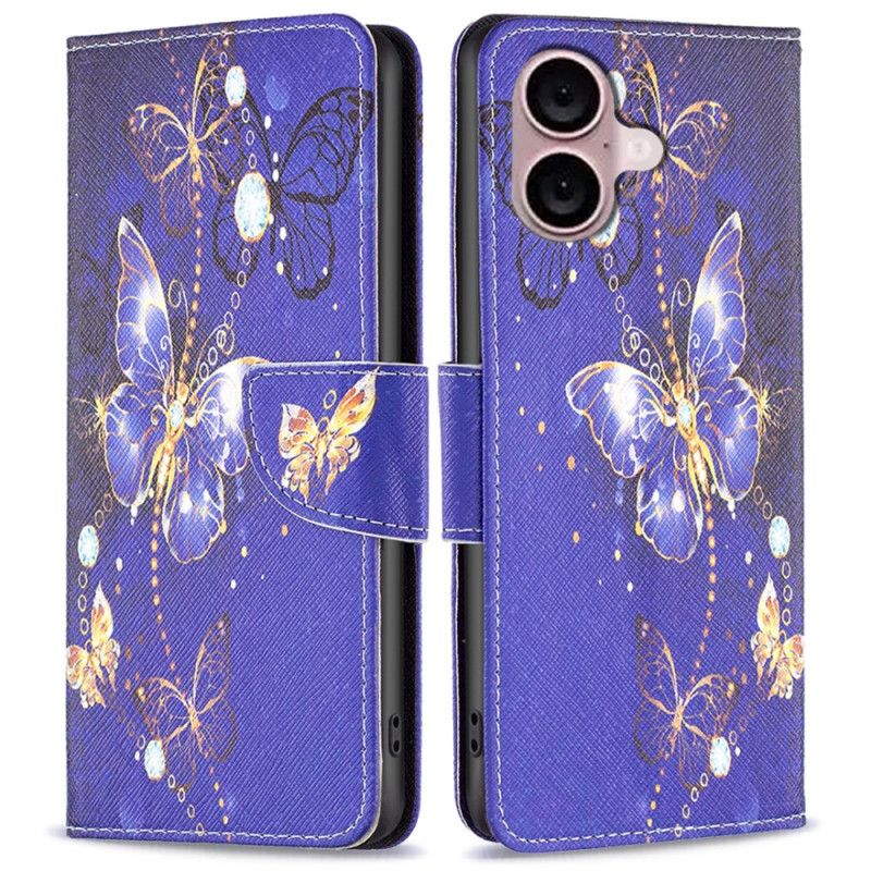 Kožený Kryt iPhone 16 Plus Fialoví Motýli