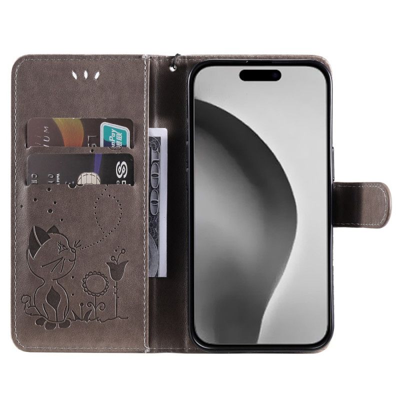 Kožený Kryt iPhone 16 Plus Kočka A Včela S Popruhem